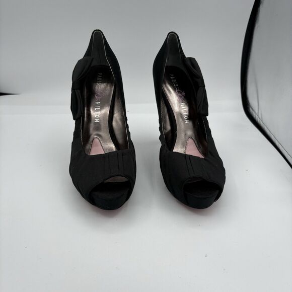 Paris Hilton High Heels Pumps Womens Size 9 Regal Black Peep Toe Bows Ruffles C2 - Picture 5 of 10